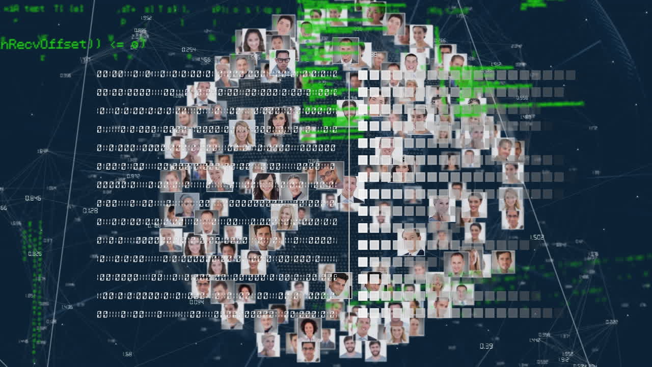 비즈니스 프로필 아이콘의 디지털 애니메이션이 파란색 배경에 회전하고 데이터 처리됩니다.