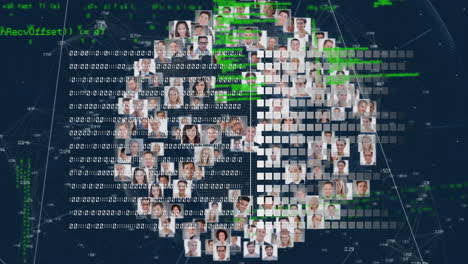 animación digital del globo de los iconos de perfil de negocios girando y procesamiento de datos sobre fondo azul