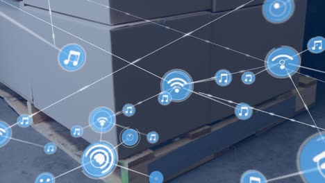 Animation-of-network-of-connections-with-icons-over-warehouse