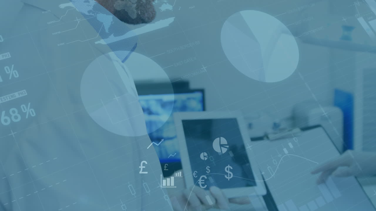 백인 남성 의사가 병원에서 보고서를 논의하는 데이터 처리의 애니메이션