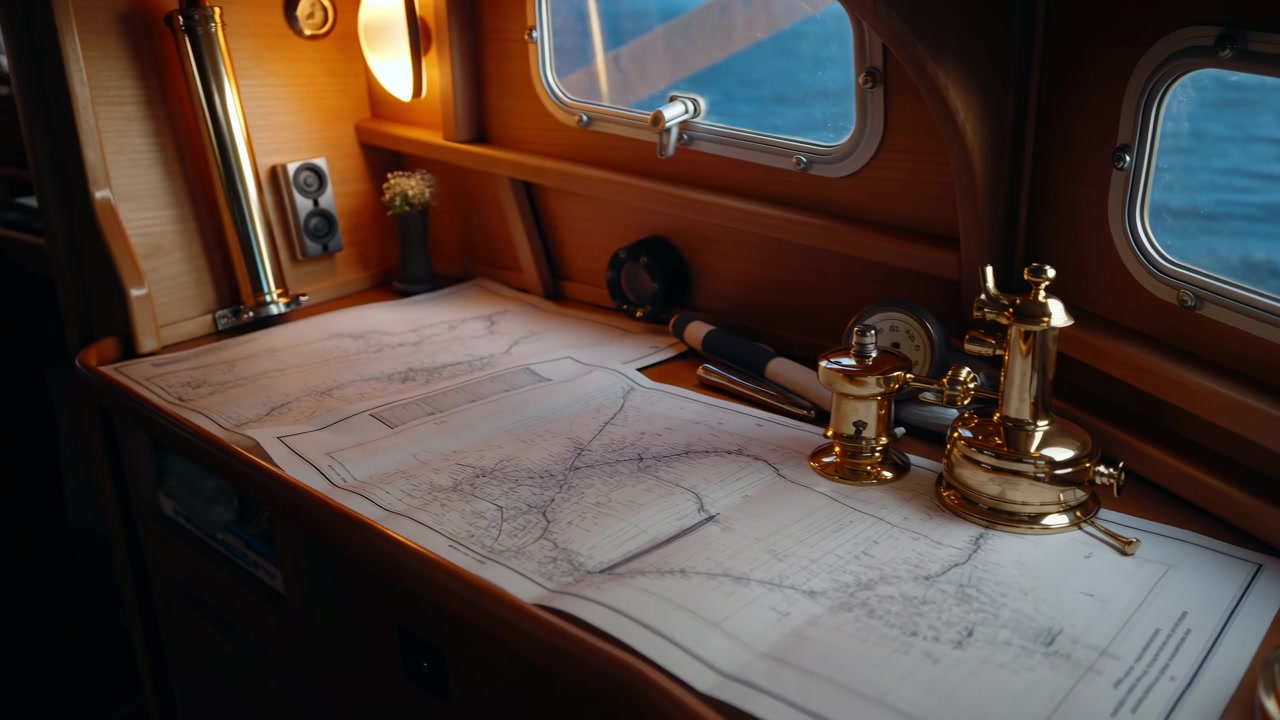 Una tranquilla vista in prima persona nell'interno accogliente e nostalgico di una cabina di nave, con boiserie in legno e oblò, che evoca un senso di avventura e viaggio. L'atmosfera serena