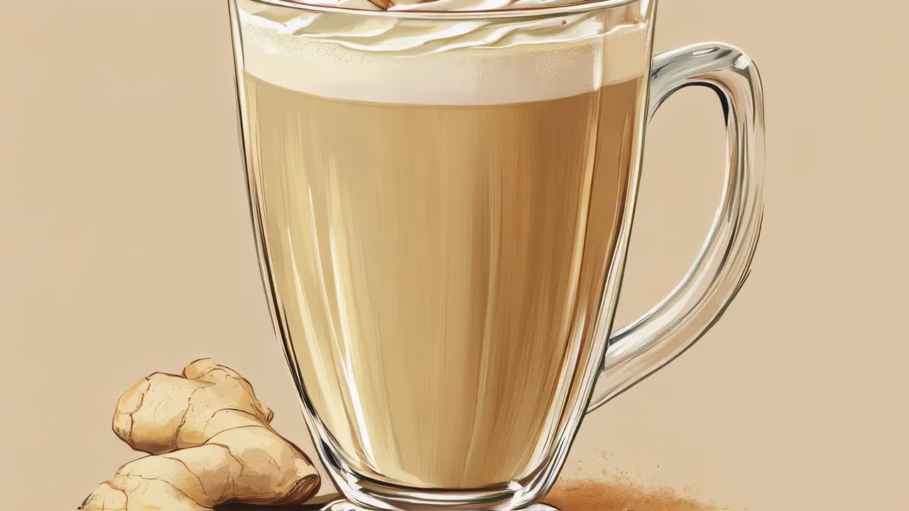 Creamy gingerbread latte nestled in transparent glass, topped with fluffy whipped cream and elegant cinnamon stick, radiating warm winter comfort