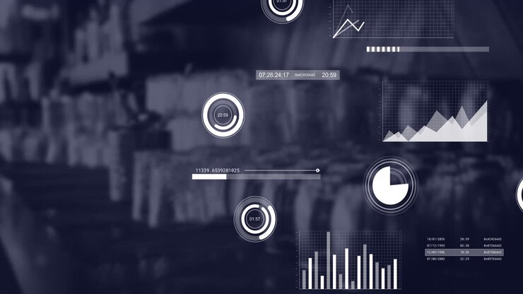 Animation of multiple graphs moving over coffee maker machines in coffee shop
