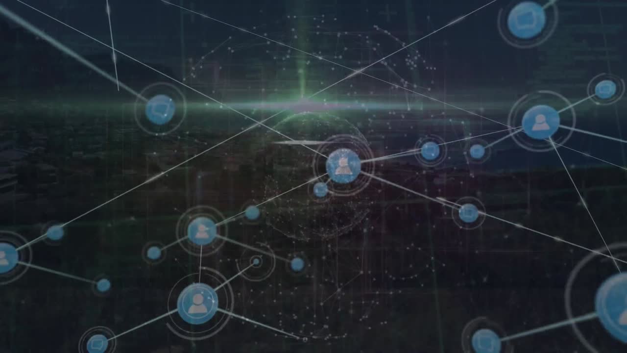 animación de una red de iconos de perfil sobre un globo giratorio frente a una vista aérea del paisaje urbano.