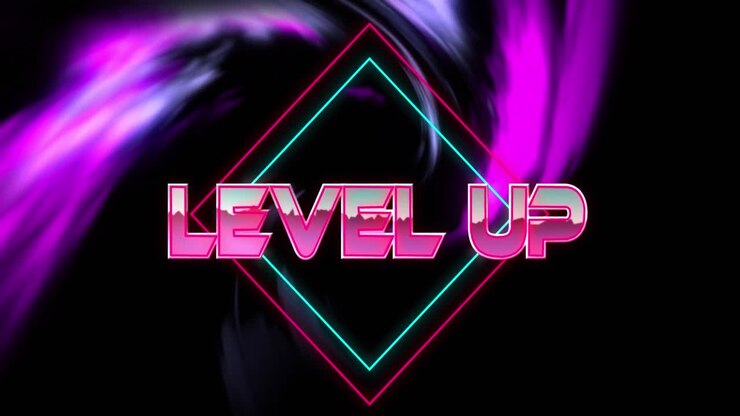 Animazione della scritta 'level up' su rombi, su un motivo a onde multicolore, contro uno sfondo nero.