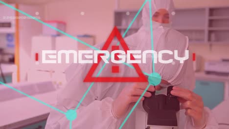 word emergency over red triangle over scientists  working in background. covid-19 spreading