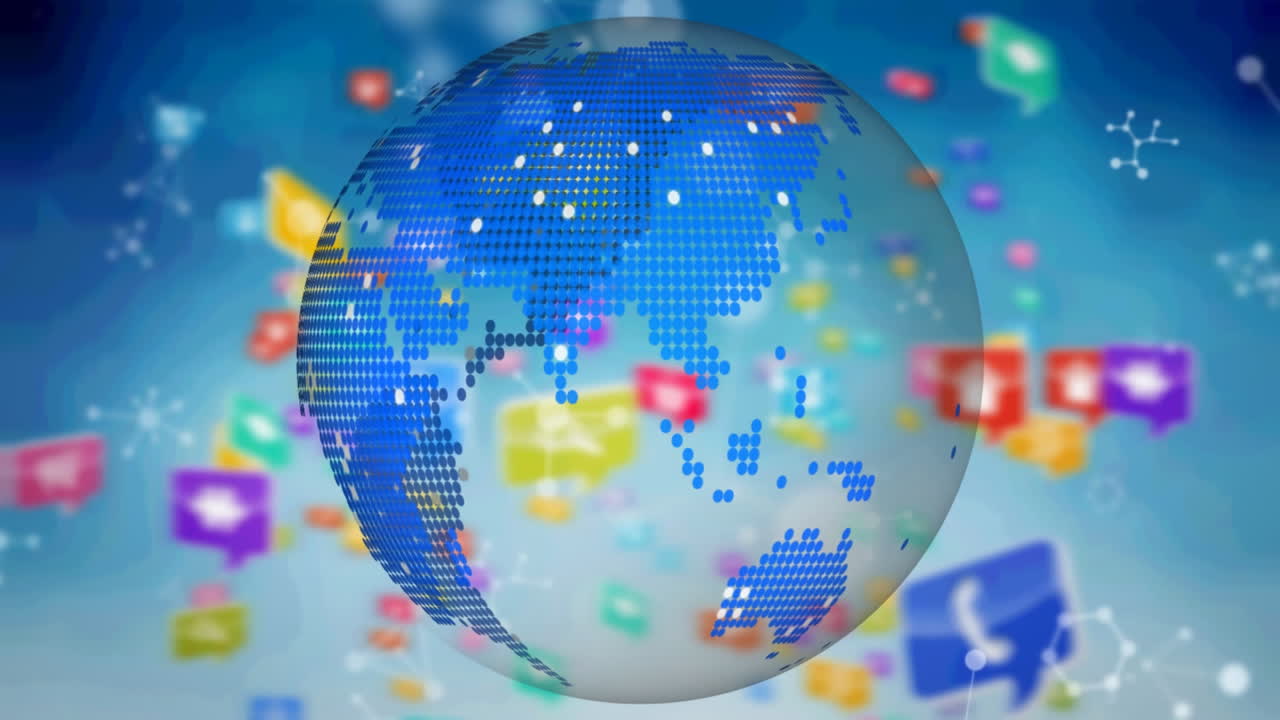 파란색 배경에 전 세계에 걸쳐 디지털 아이콘의 애니메이션