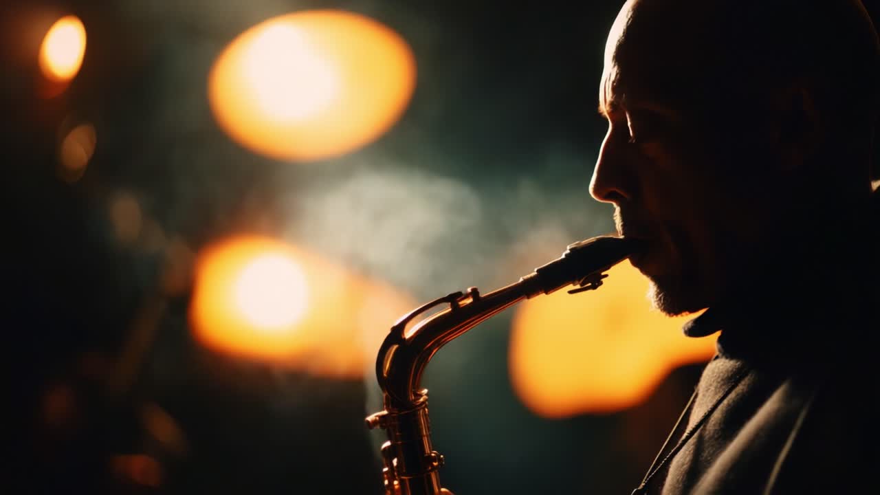 A soulful saxophonist passionately plays his instrument in a moody, atmospheric setting, surrounded by soft glowing lights and swirling smoke, creating a captivating jazz ambiance