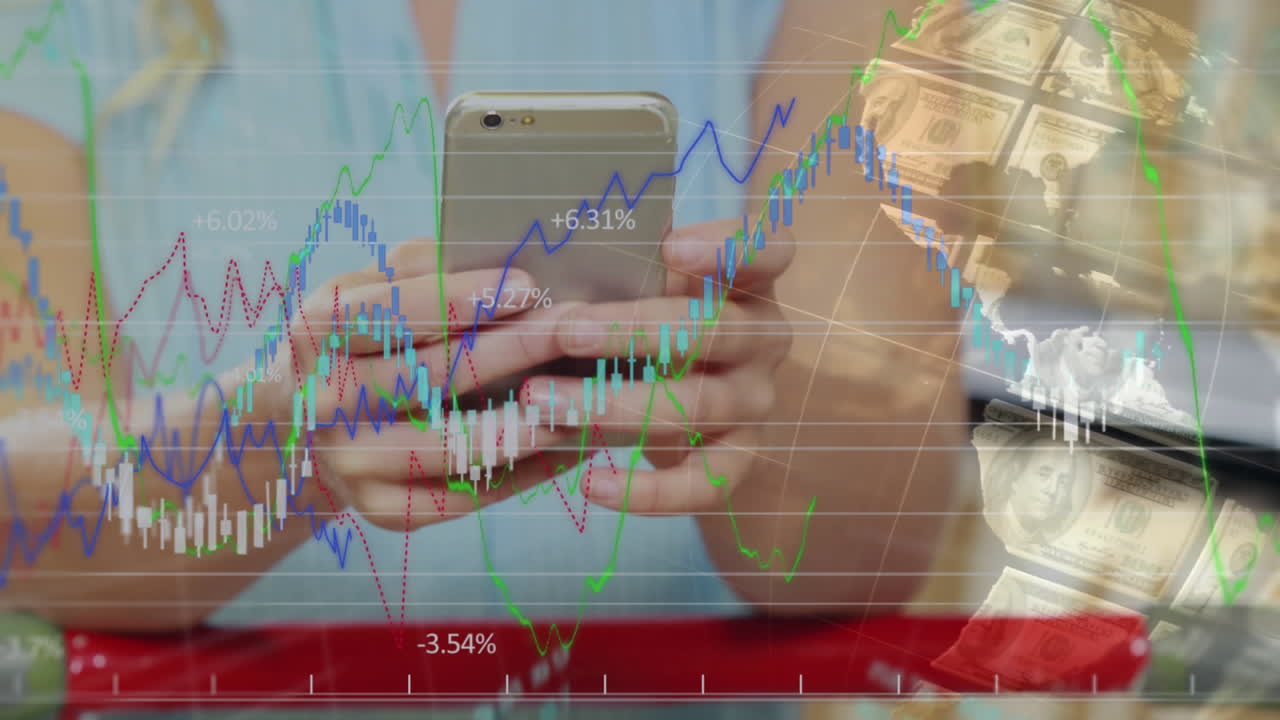 식료품 쇼핑하는 동안 스마트폰을 사용하는 중간 계층의 여성에 대한 통계 데이터 처리