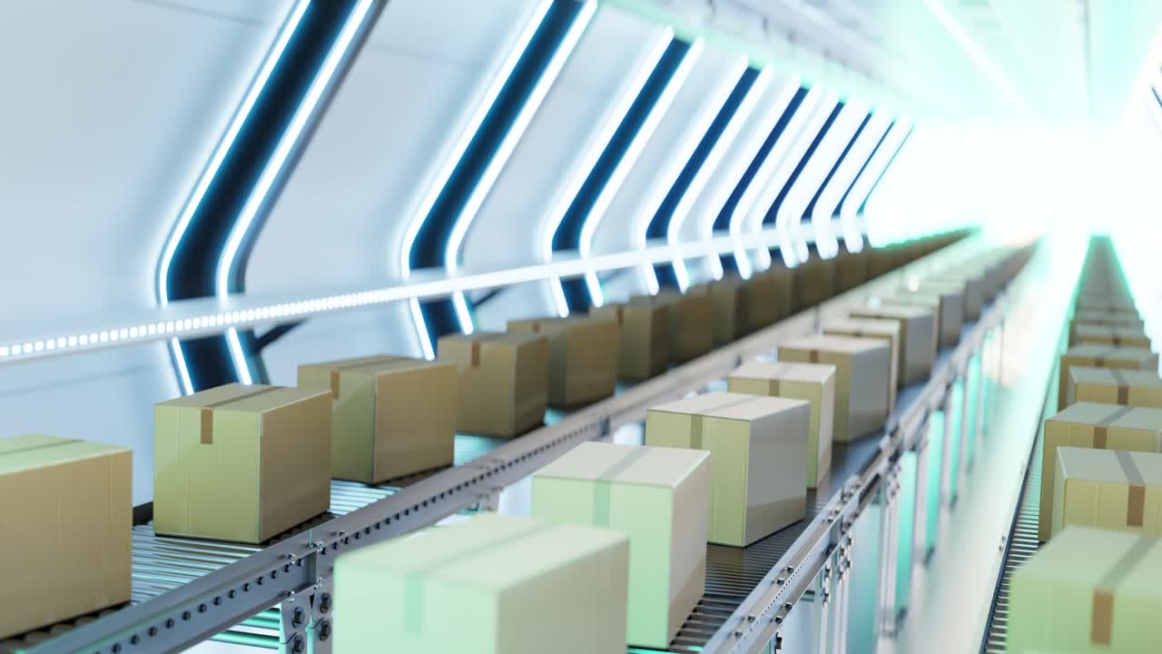 3D animation loop of carton boxes on conveyor system in modern factory