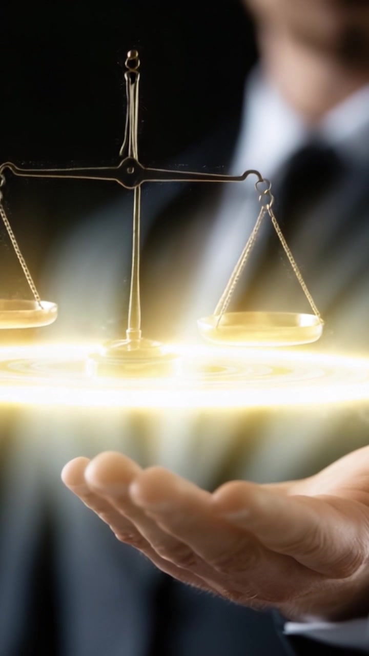 Una Rappresentazione Dinamica della Giustizia: Una Bilancia Fluttuante Che Simboleggia Equilibrio ed Equità nel Sistema Legale, Illuminata da Energie Radiose e Principi Etici