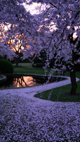 cherry blossom sunset at a pond