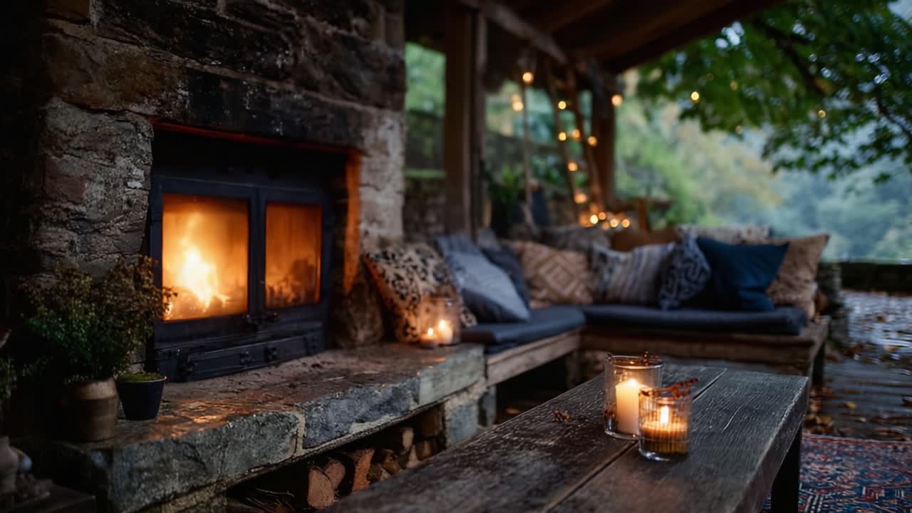 Un accogliente rifugio accanto al fuoco: atmosfera serale con illuminazione calda, sedute comode e fiamme tremolanti che creano uno spazio perfetto e rilassante per ritrovarsi.