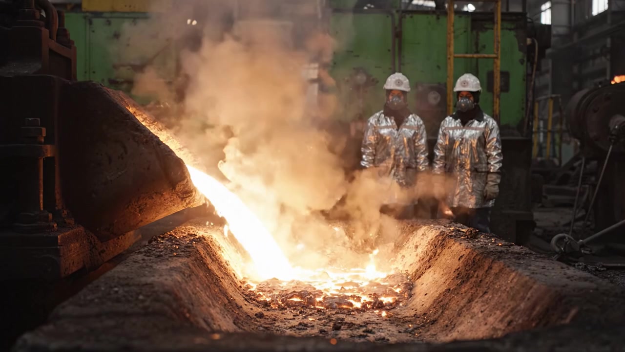 Processo di colata di metallo fuso in fonderia industriale con operai in equipaggiamento protettivo che osservano la procedura tra fumo denso e fiamme ardenti.