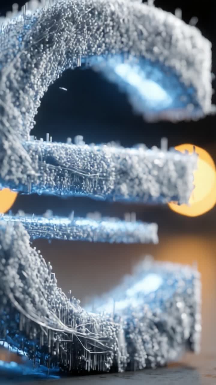 A Stunning 3D Visualization of the Euro Symbol, Crafted from Intricate Wire Structures with Glowing Elements and a Soft Bokeh Background at Varying Angles