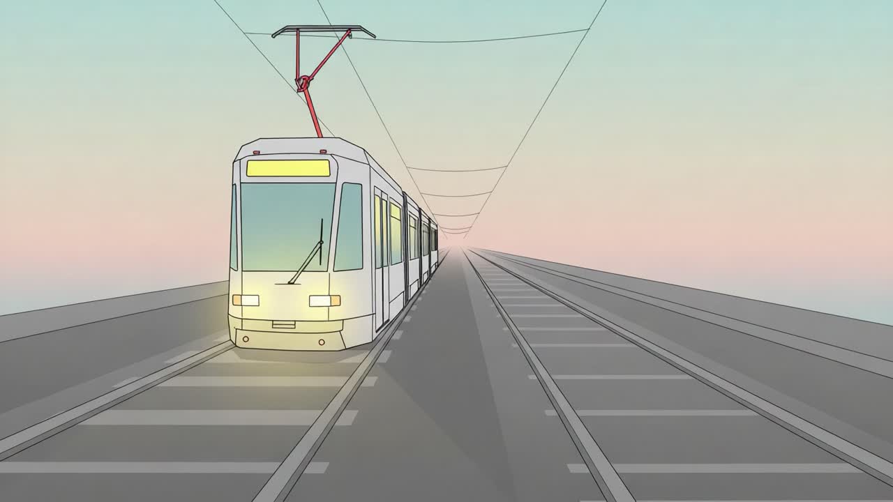 A Modern Tram Gliding Along an Expansive Elevated Track at Dusk, Showcasing Sleek Design Against a Beautiful Pastel Sky