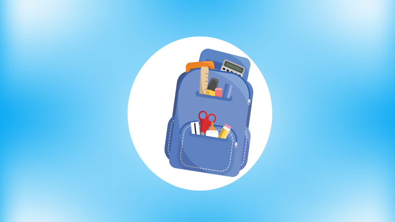 Animasi digital ikon tas sekolah di atas spanduk melingkar putih dengan latar belakang biru
