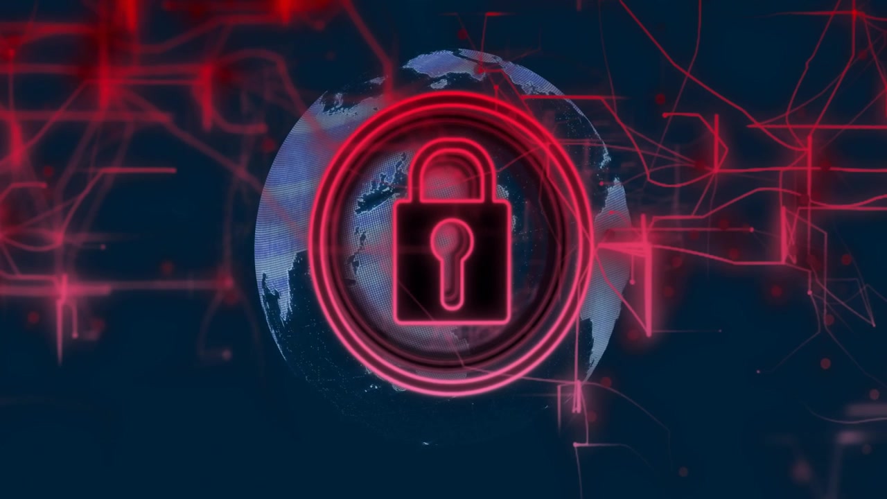 Icono de candado creciendo y pulsando después de que circuitos rojos entran desde los bordes, asegurando una red global.
