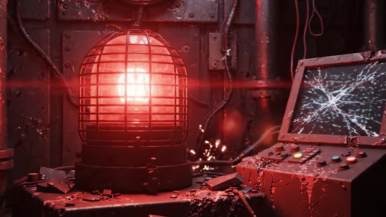 Pohlcující pohled na futuristickou, chaotickou kontrolní místnost plnou nepořádku a nebezpečí, s žhnoucími prvky a dramatickou atmosférou sci-fi intrik a napětí