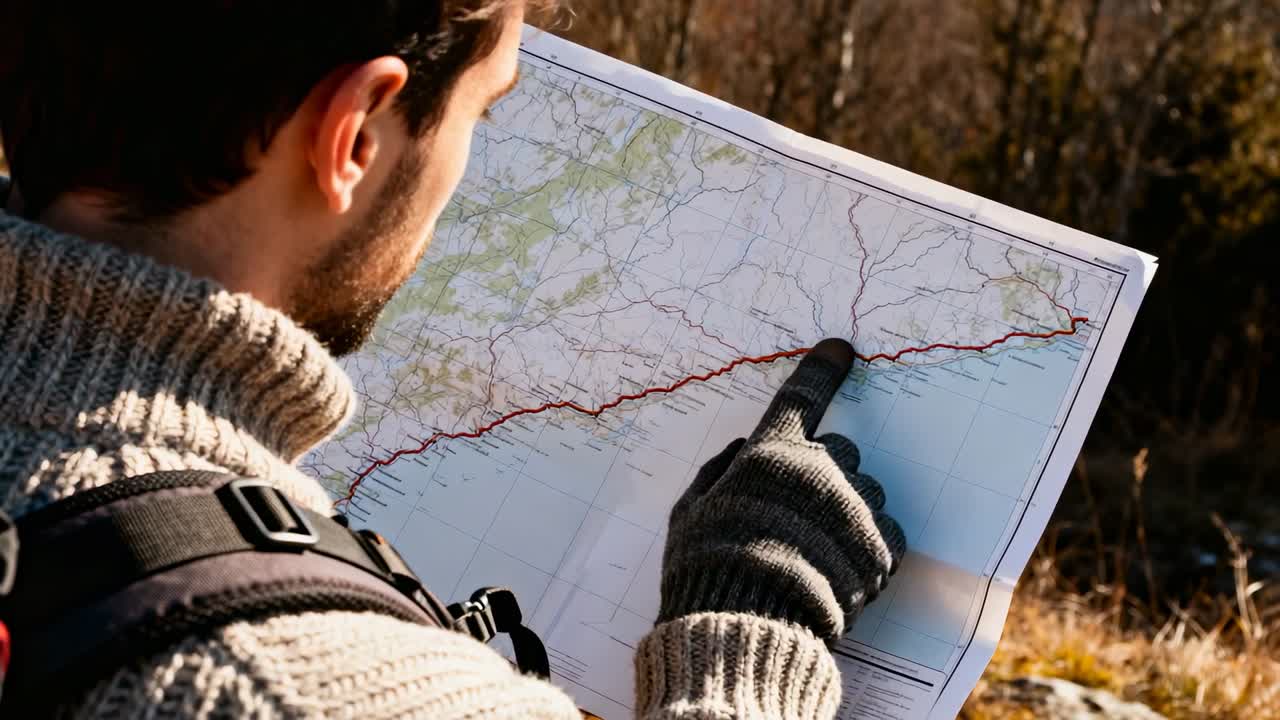 Holding man confirming red route on paper map at hillside clearing, wearing knit sweater and gloves