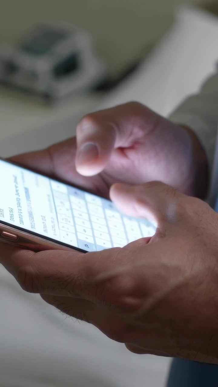 Vertical video: Hovering thumbs initiating typing on phone keyboard at bedside light cuff visible
