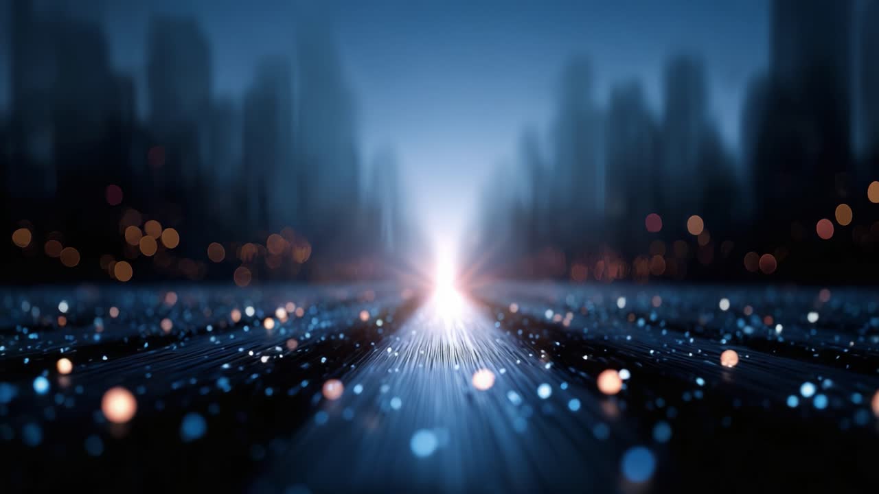 A mesmerizing view of illuminated lines and shimmering particles leading towards a bright light through a cityscape, embodying the essence of modern technology