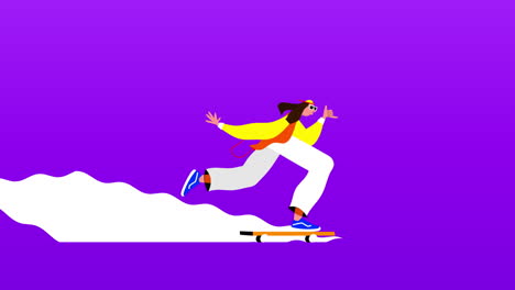 dibujos animados de un hombre montando en patineta con un sendero blanco detrás