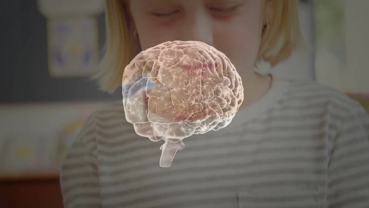 Female student flipping pages, animated 3D brain rising to center over face, visualizing learning