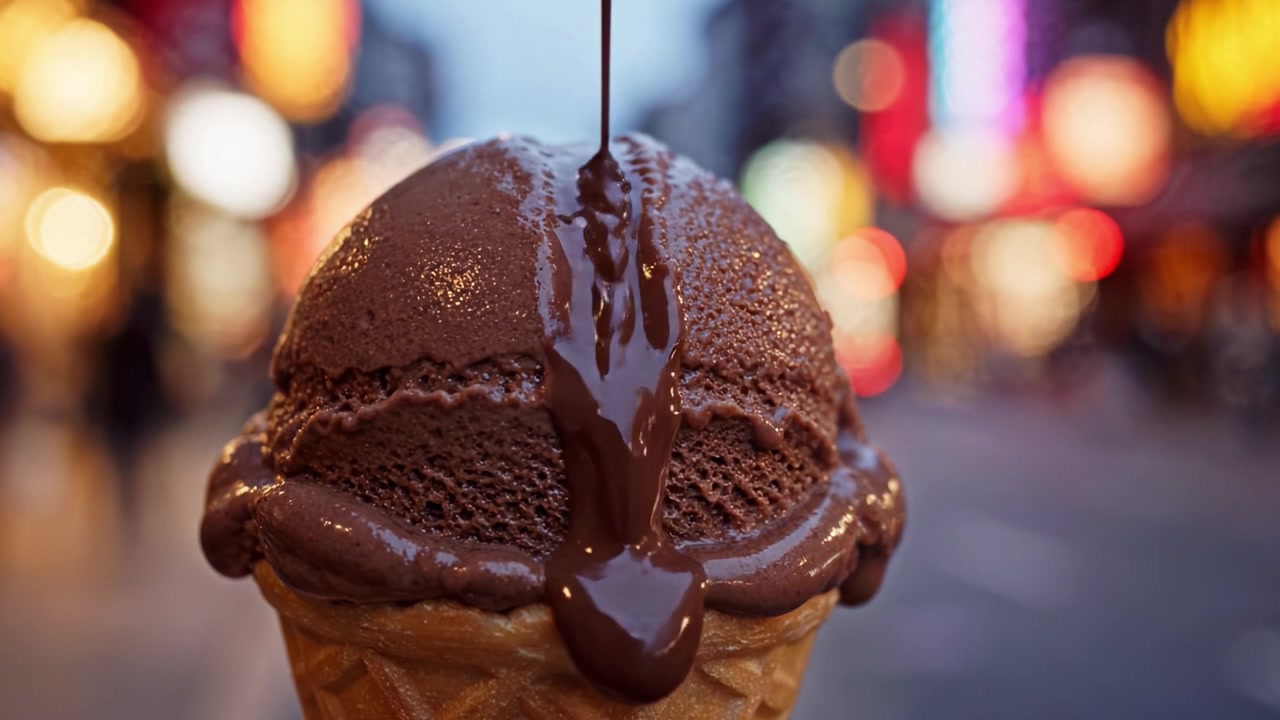Heerlijk chocolade-ijsje op een levendige stadsstraat bij schemering, met de nadruk op de romige textuur en glanzende chocoladesaus erbovenop