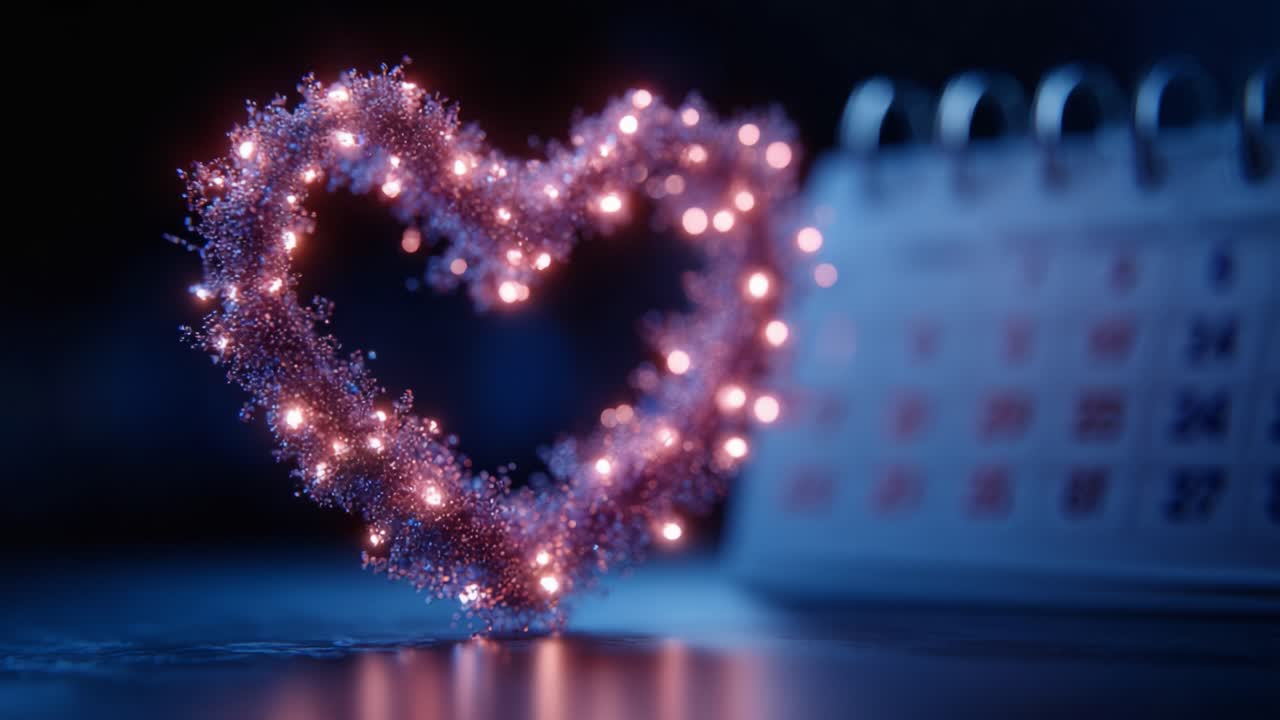Illuminated Heart Decoration with Sparkling Lights Against a Calendar Background, Evoking Themes of Love, Celebration, and Connection in a Cozy Atmosphere
