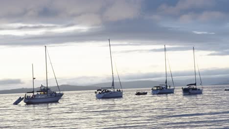 Four-yachts-and-a-single-dinghy-are-moored-on-calm-ocean-waters-as-evening-closes-in