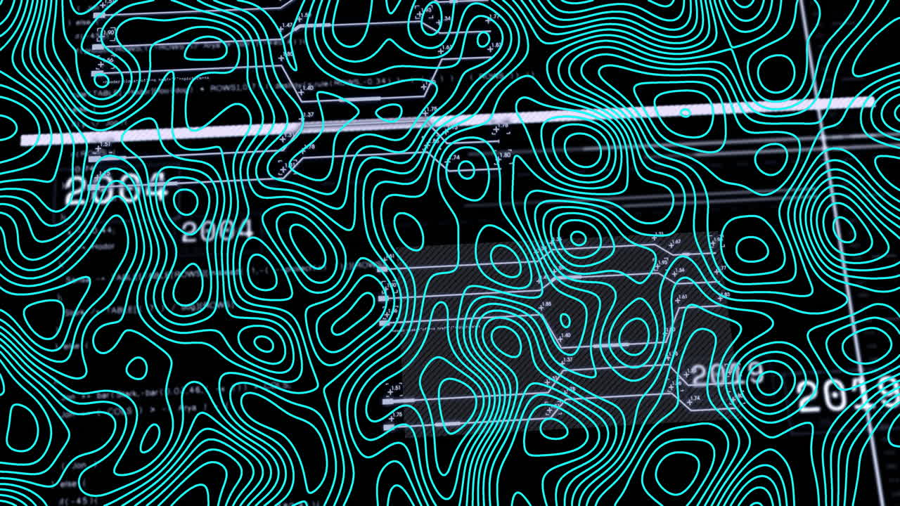 Animation of abstract topographic lines with digital data on dark background