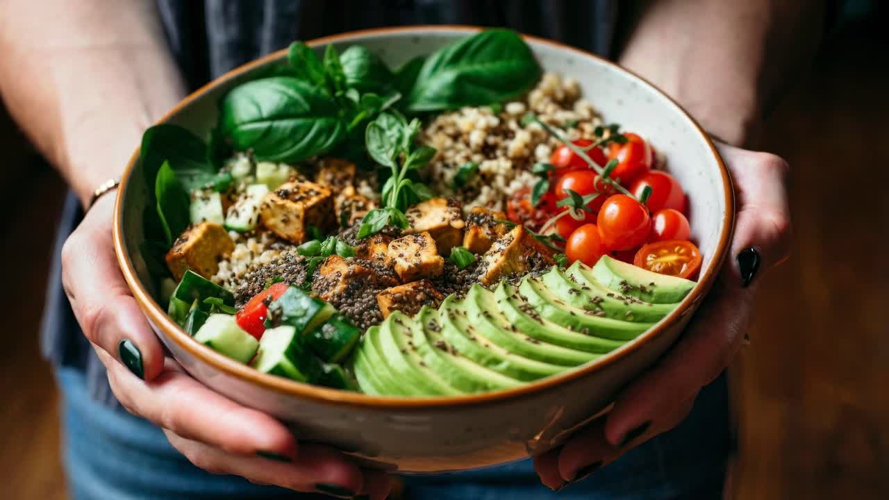 Close-up, overhead shot of a vibrant, healthy salad bowl with avocado, tofu, and greens, perfect