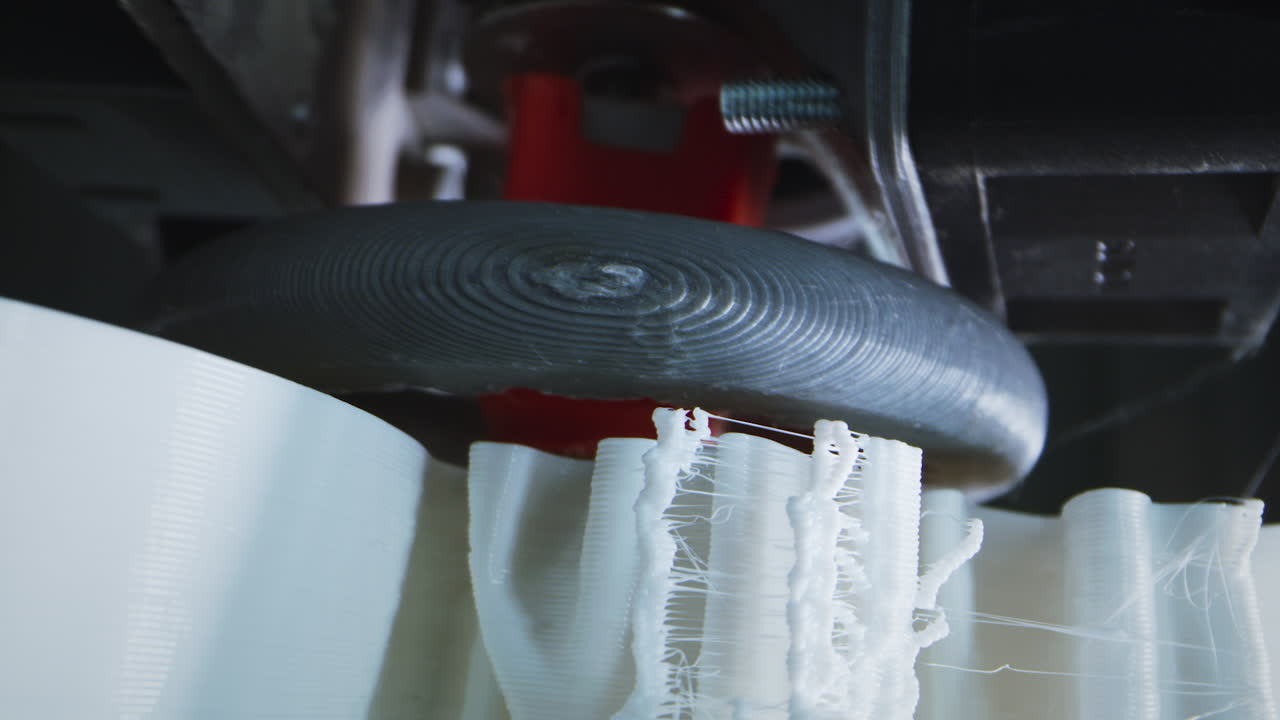 Close-up of a 3D printer in action, showing the nozzle printing a white object with visible stringing