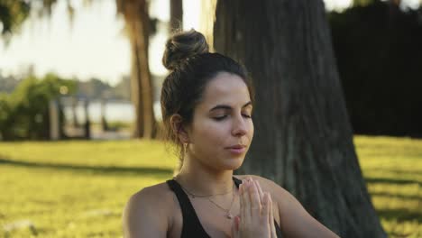 Beautiful-young-woman-concentrates-on-yoga-at-a-park