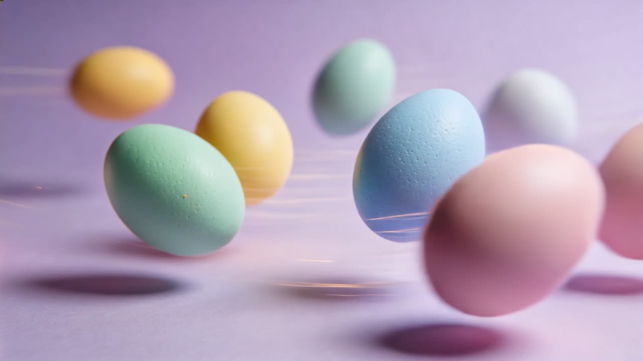 Entering from right pastel eggs drifting and rotating across lavender table, casting soft shadows