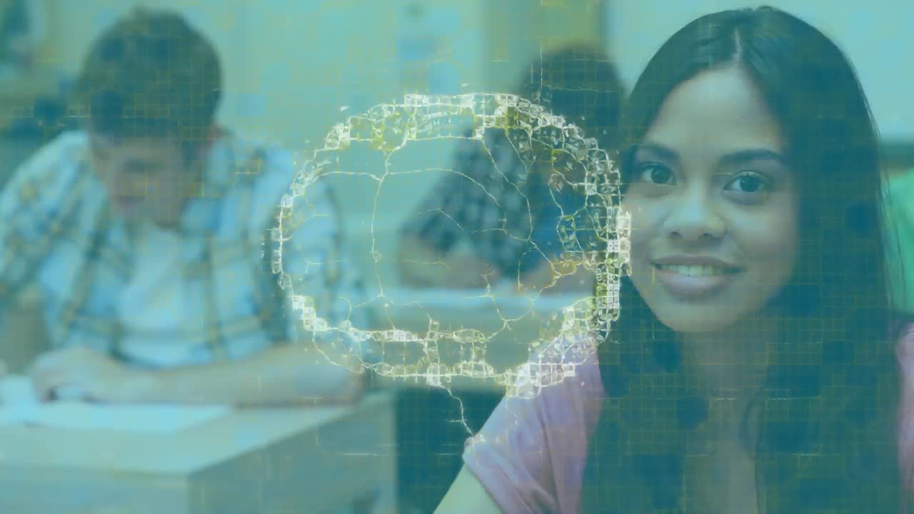 animación del cerebro girando sobre una estudiante sonriente