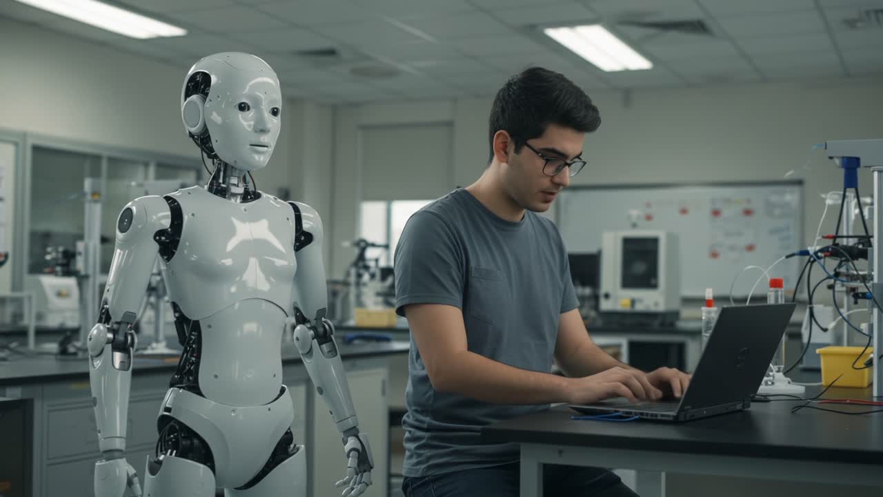 A young engineer collaborating with an advanced humanoid robot in a modern laboratory environment, showcasing the intersection of technology and human creativity