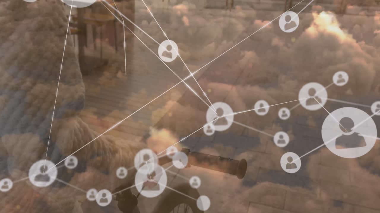 구름 위의 연결 네트워크의 애니메이션과 아프리카계 미국인 사업가