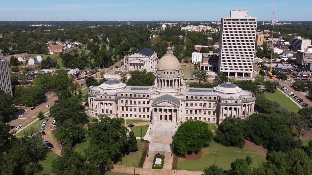 Orbiting Drone Shot Above Mississippi State Capitol Building in Downtown Jackson