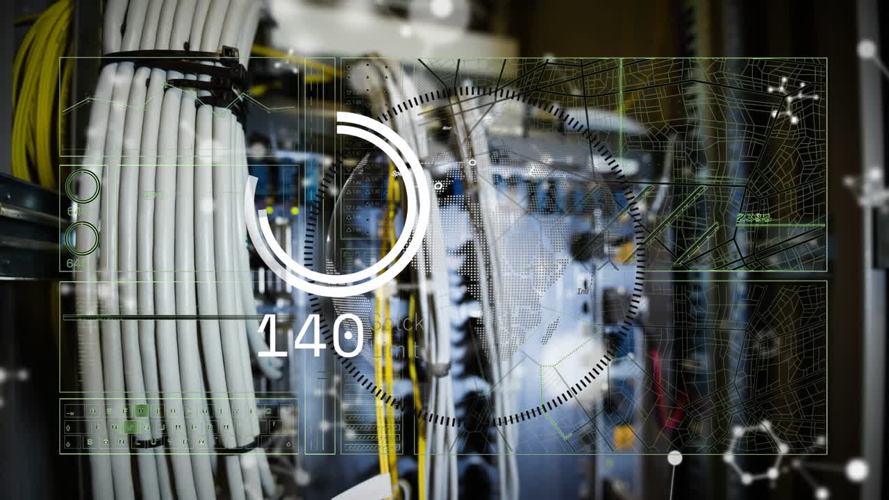 animación de la interfaz con el procesamiento de datos y las estructuras moleculares contra el primer plano de un servidor