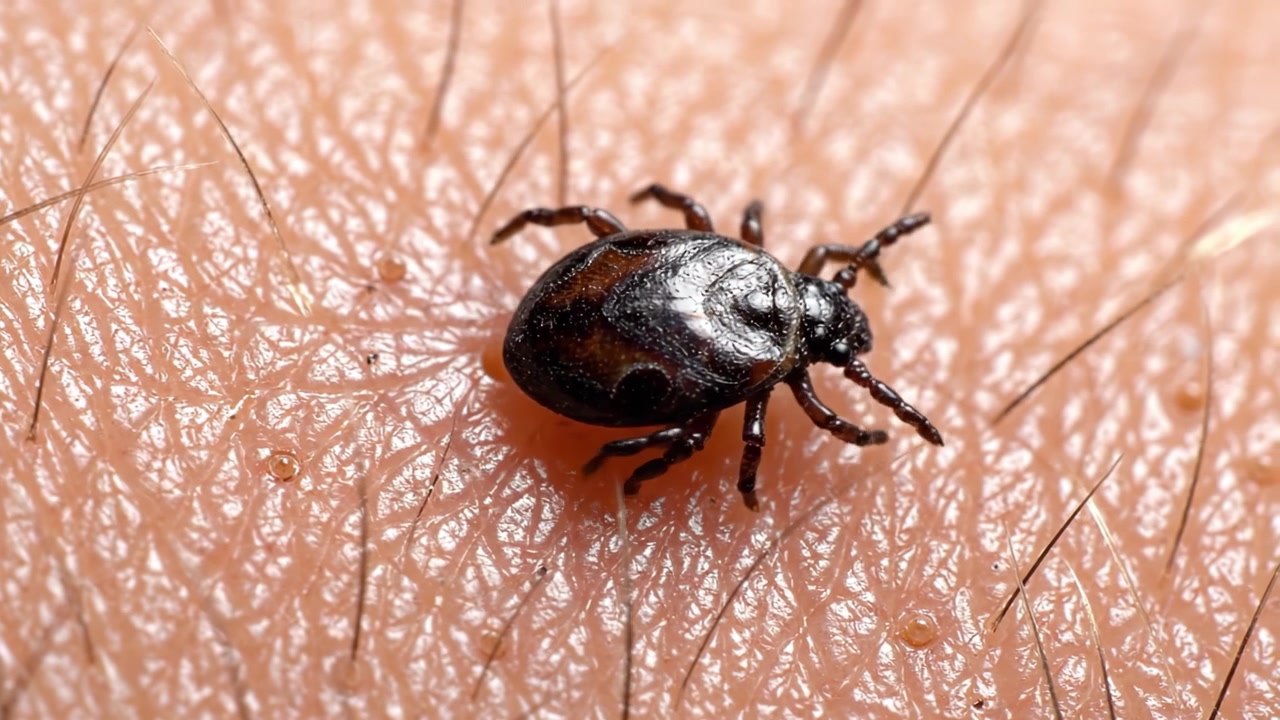 Imágenes de primer plano de una garrapata arrastrándose sobre la piel humana, destacando su cuerpo texturizado y características detalladas bajo condiciones de macrofotografía