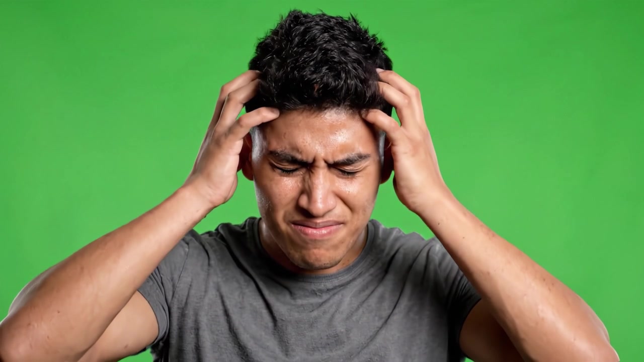 Un giovane uomo che esprime disagio: Emozioni di stress e angoscia catturate su uno sfondo verde vibrante.