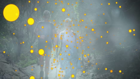 health scene showing woman leading with poles and man hiking misty forest trail, with floating orbs