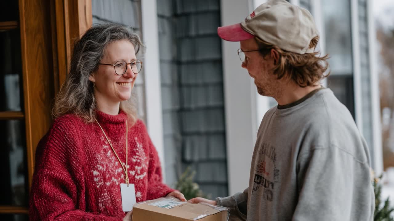 A Heartwarming Moment of Package Delivery: A Smiling Woman Receives a Parcel from a Young Man on a Cozy Winter Day at Her Home