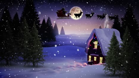 Animation-Von-Haus-Und-Weihnachtsdekoration-über-Einer-Winterlandschaft-Mit-Fallendem-Schnee