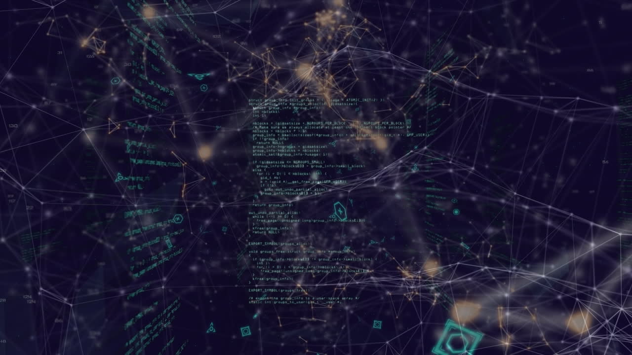 Animation of network of connections with icons and data processing on blue background