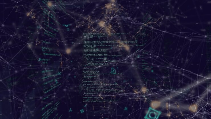 Animation of network of connections with icons and data processing on blue background