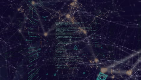 animación de la red de conexiones con iconos y procesamiento de datos sobre fondo azul