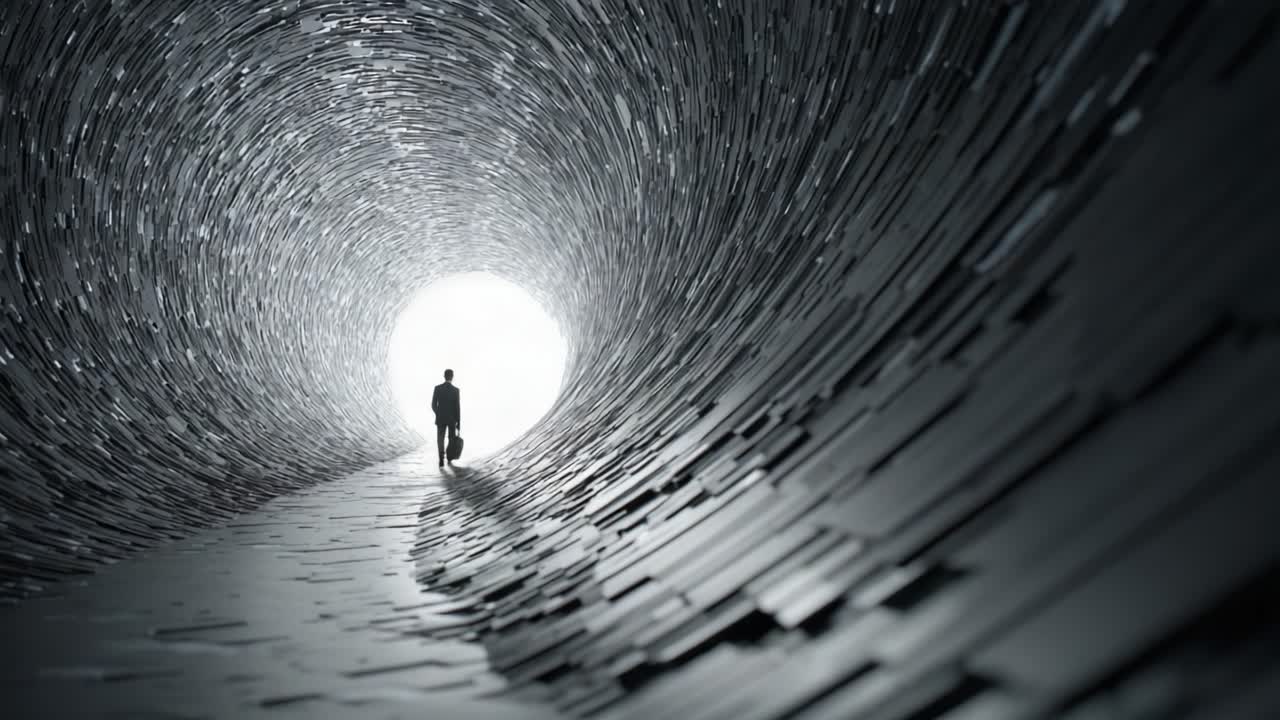 A solitary figure walks through a dark, spiraling tunnel made of digital textures, approaching the bright light at the end, symbolizing hope and transition into a new realm